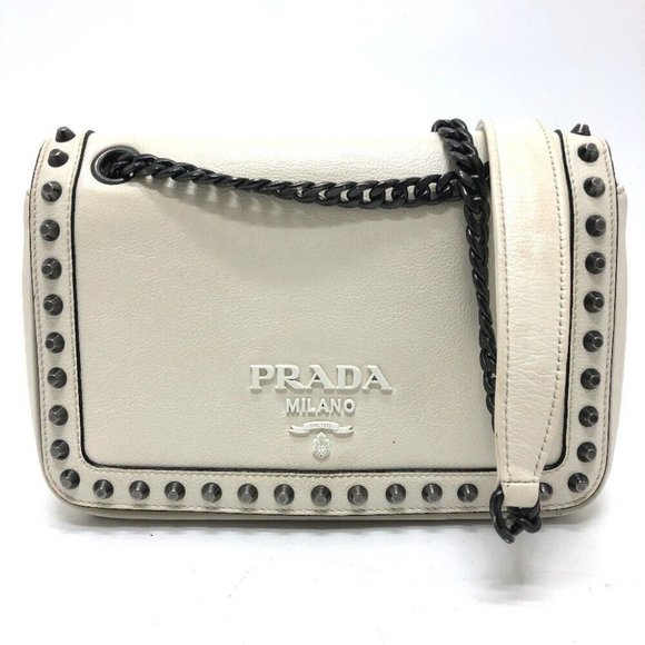 PRADA Logo studs ChainShoulder Bag Shoulder Bag Leather White - Picture 1 of 15